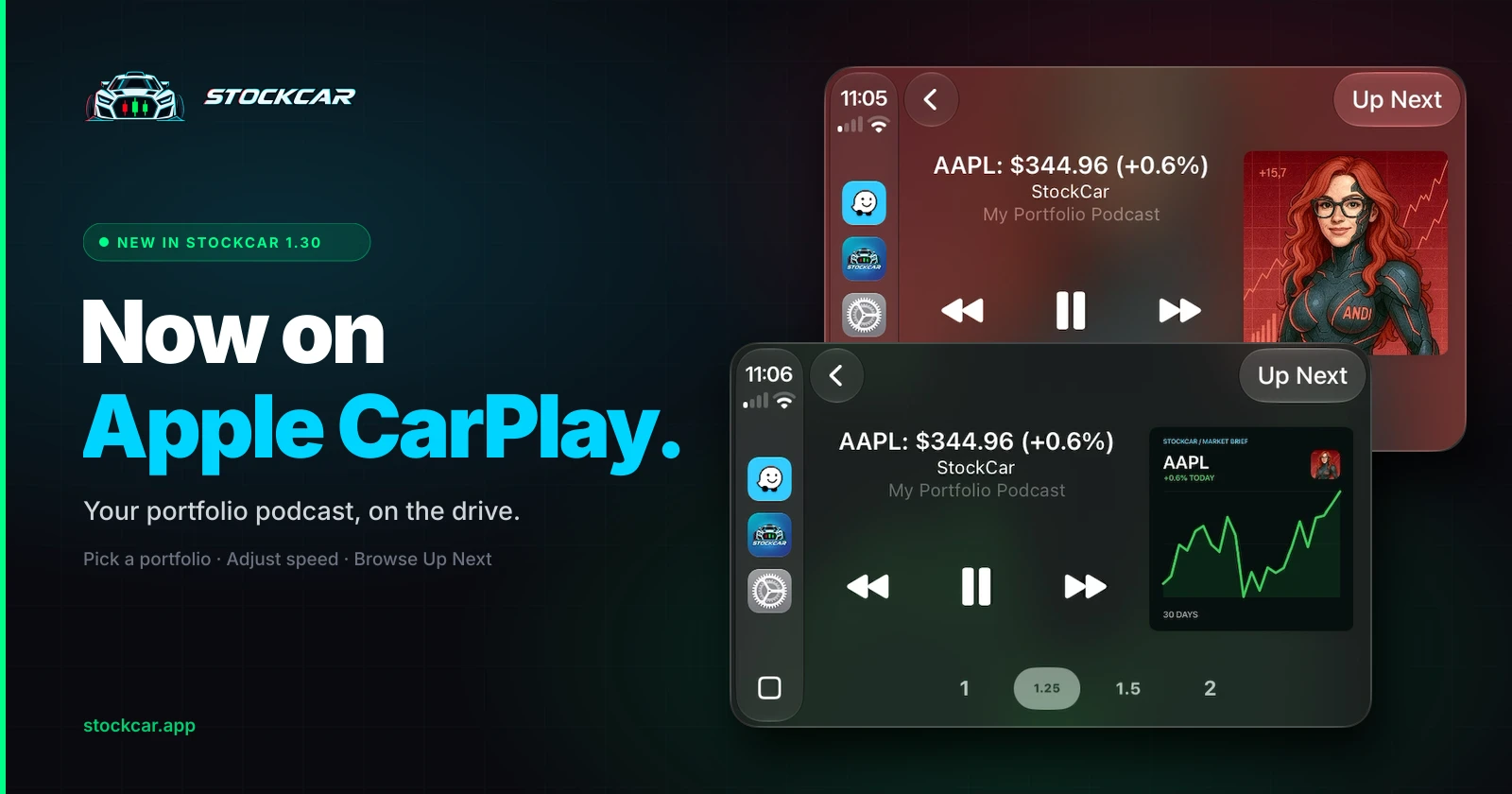 StockCar on Apple CarPlay: Now Playing screens with Andi's cohost artwork and a 30-day AAPL chart