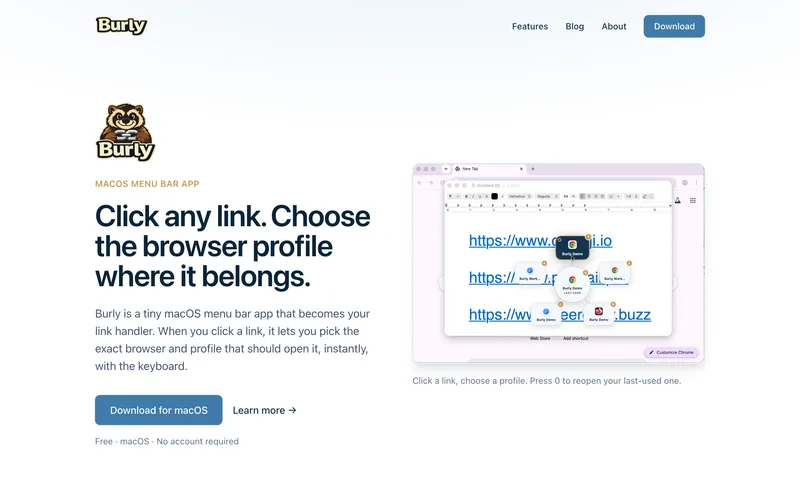 Burly, macOS link router showing its radial browser-profile picker