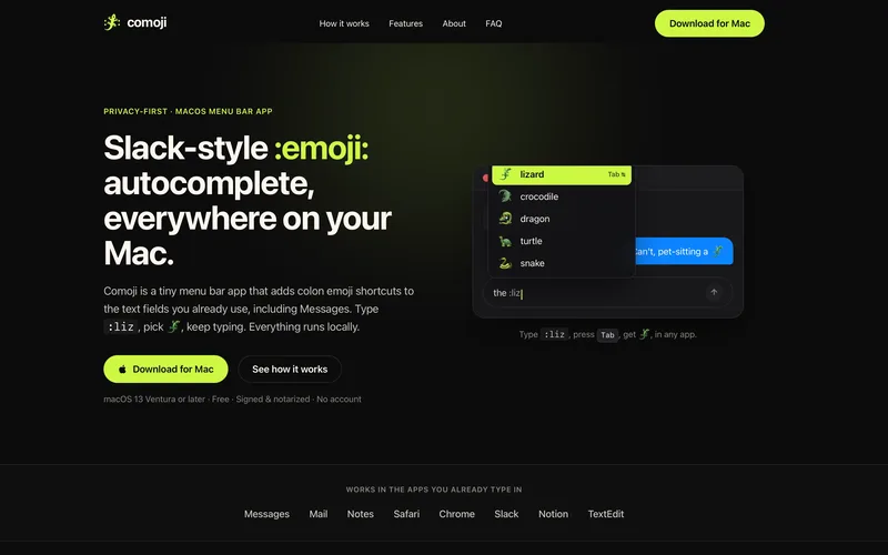 Comoji, Slack-style emoji autocomplete macOS menu bar app