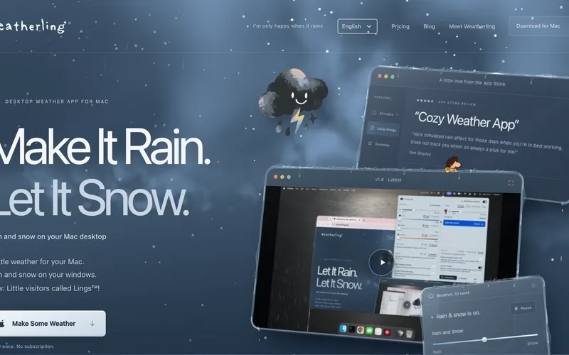 Weatherling, the weather effects app for Mac: rain and snow falling across desktop windows, with its menu bar weather controls