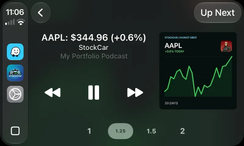 StockCar on Apple CarPlay playing an AAPL track with its price chart