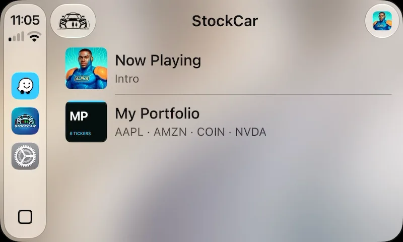 StockCar portfolio list on Apple CarPlay with Now Playing and My Portfolio
