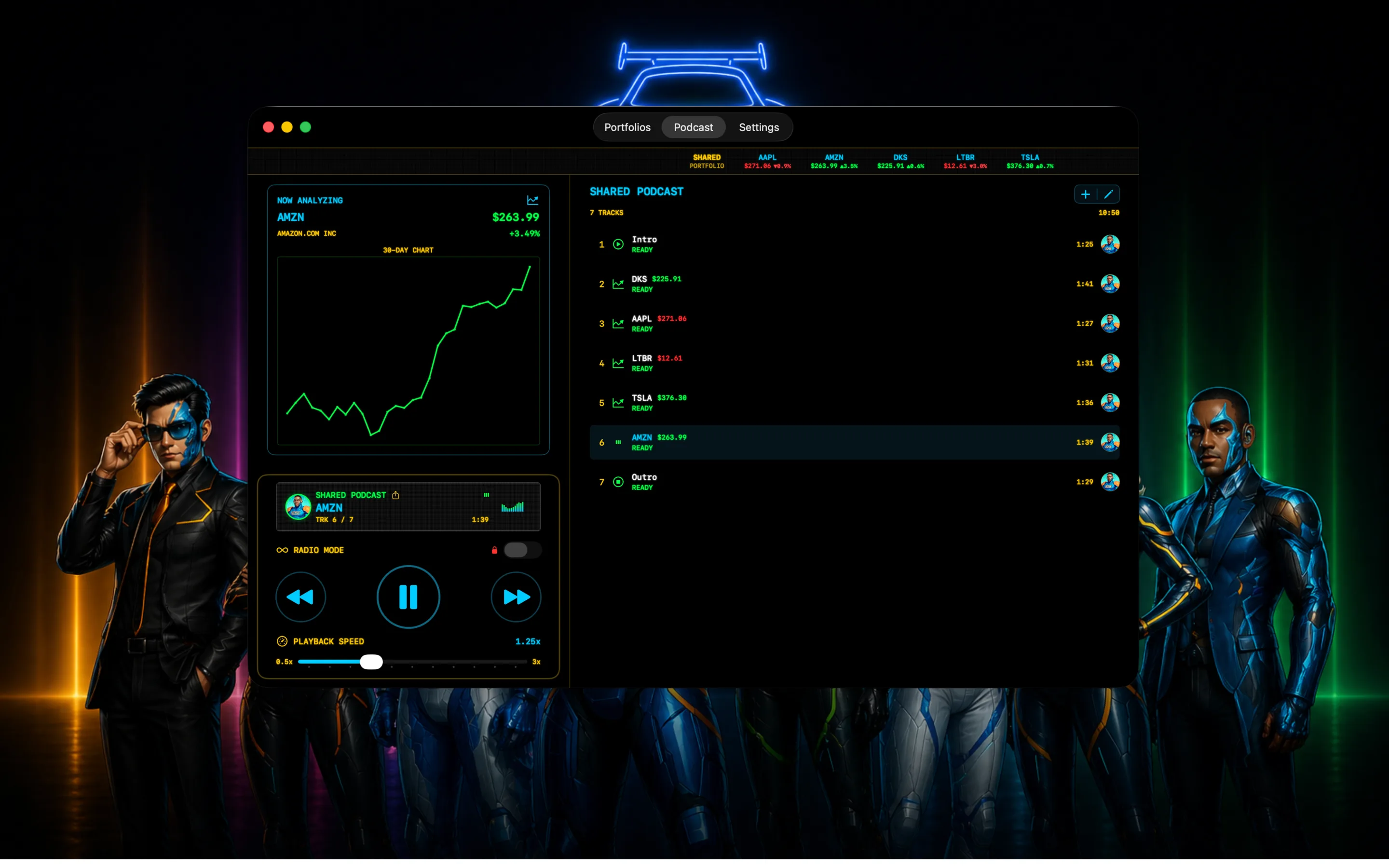 StockCar running on macOS — Podcast tab with shared portfolio episode and playback controls